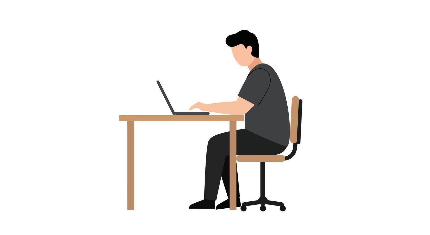 Man sitting at desk working on laptop in minimal flat art vector