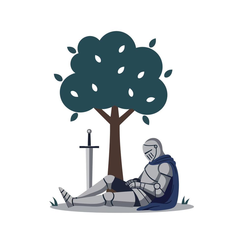 Knight resting under a tree in flat minimal art vector
