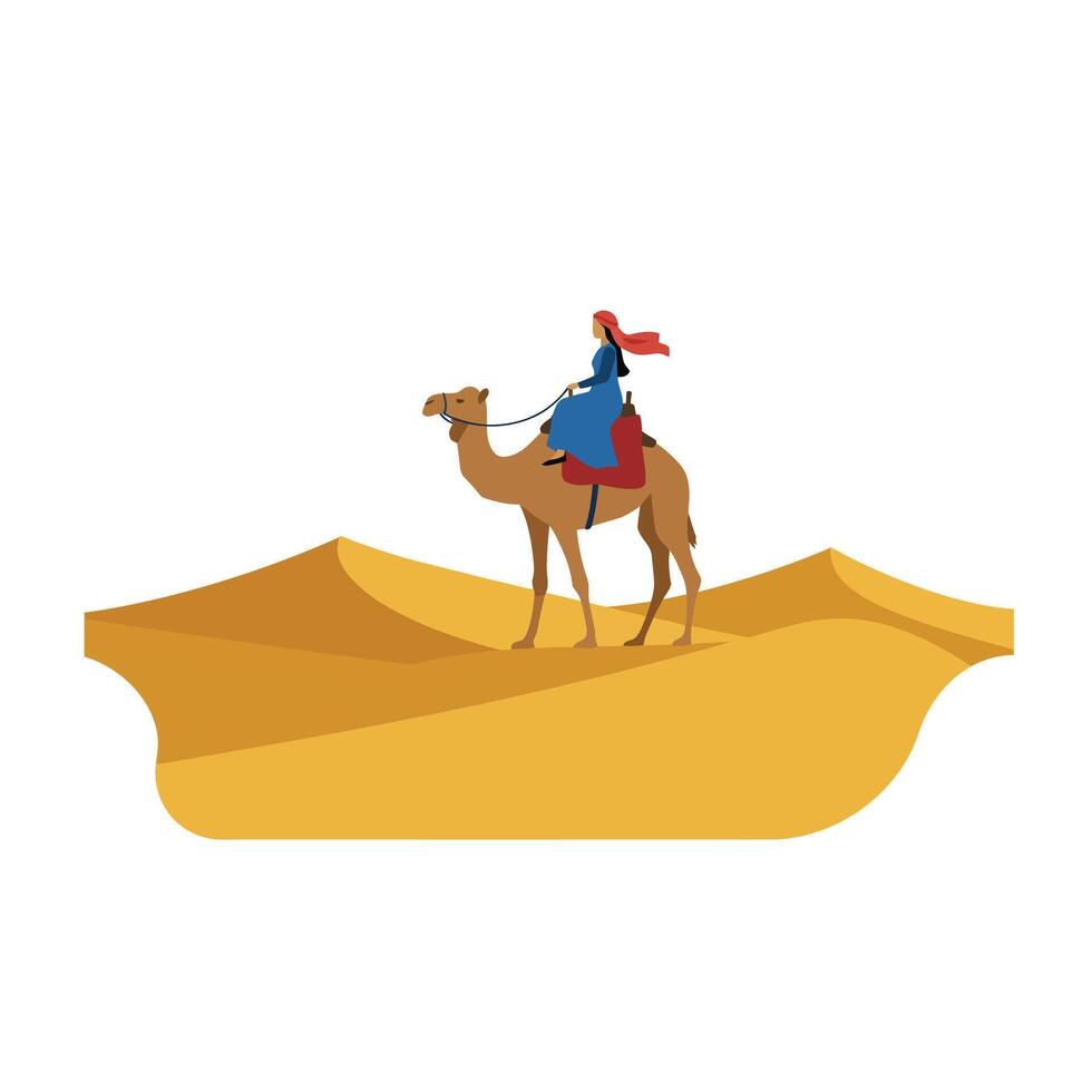 Camel rider traversing golden dunes in minimal flat design art vector