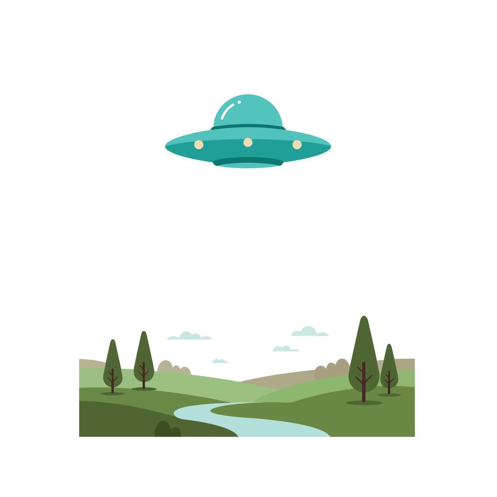 UFO hovering above serene landscape in flat illustration vector