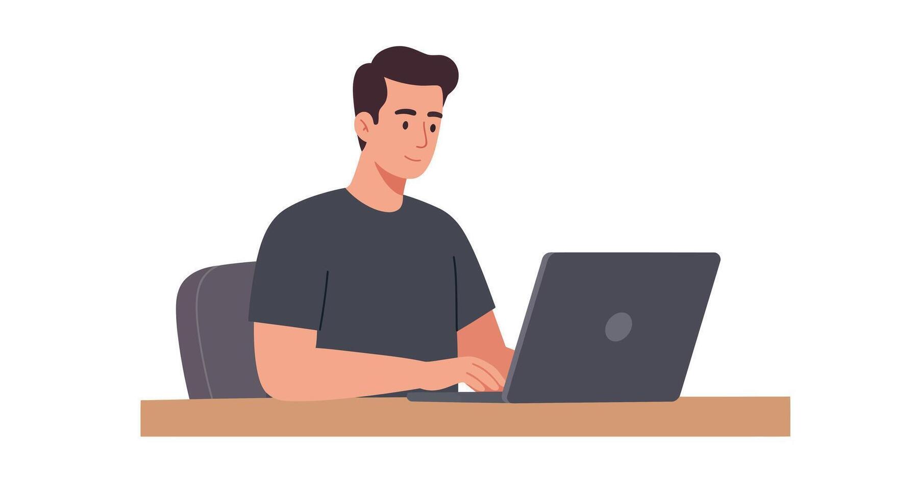 Young man working on laptop in modern workspace flat illustration vector
