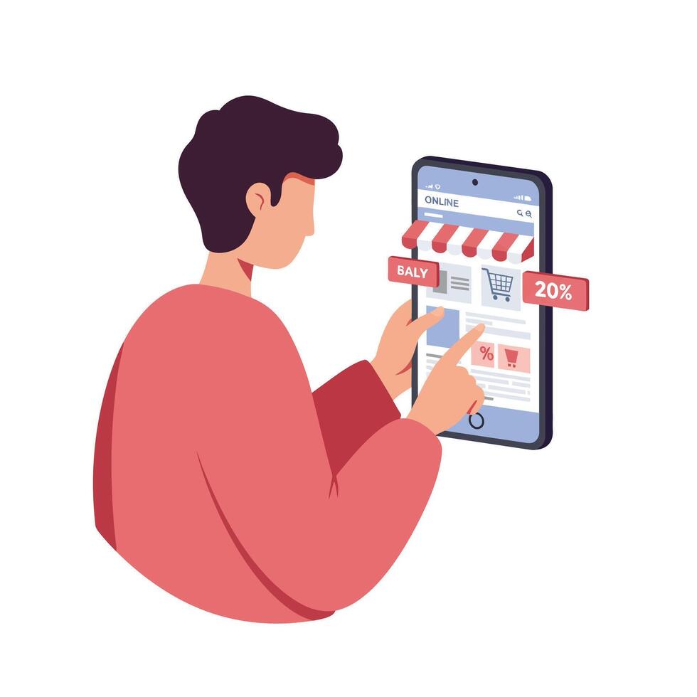Person using smartphone to shop online with sale banners in flat illustration vector