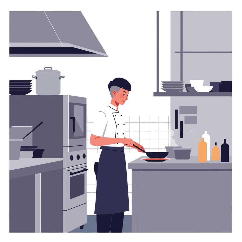 Chef preparing a meal in a modern kitchen with flat design art vector