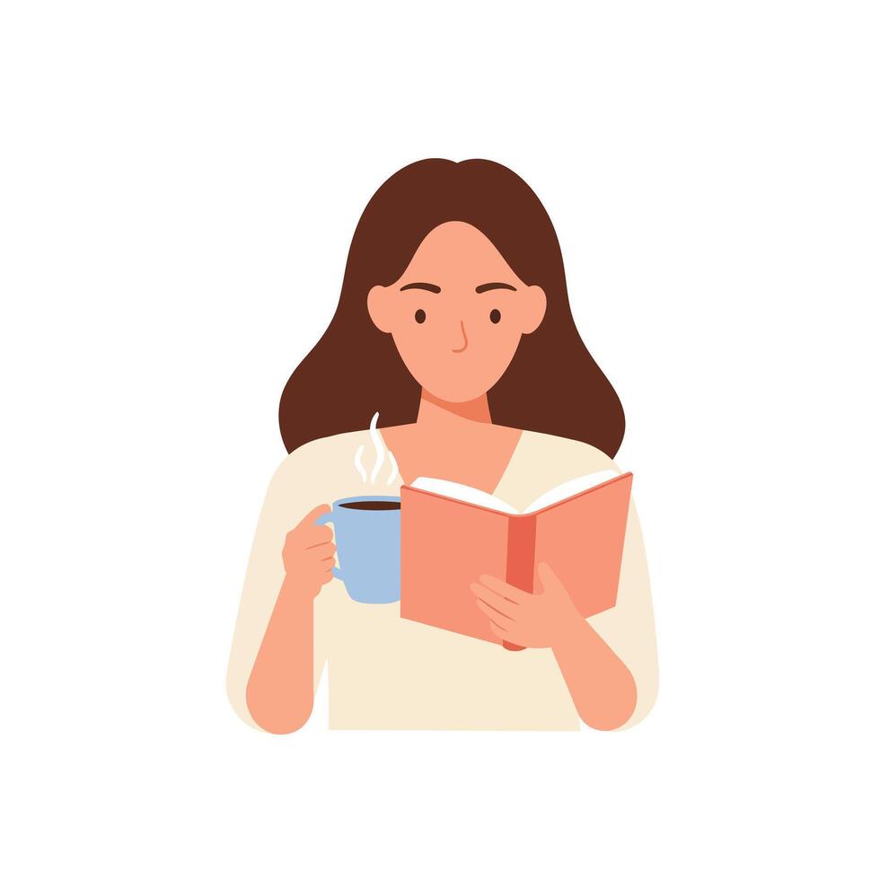 Woman reading a book while holding a coffee cup in flat art vector