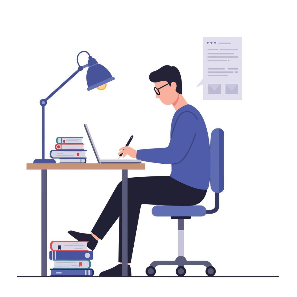 Man working at desk with books and lamp in minimal illustration vector