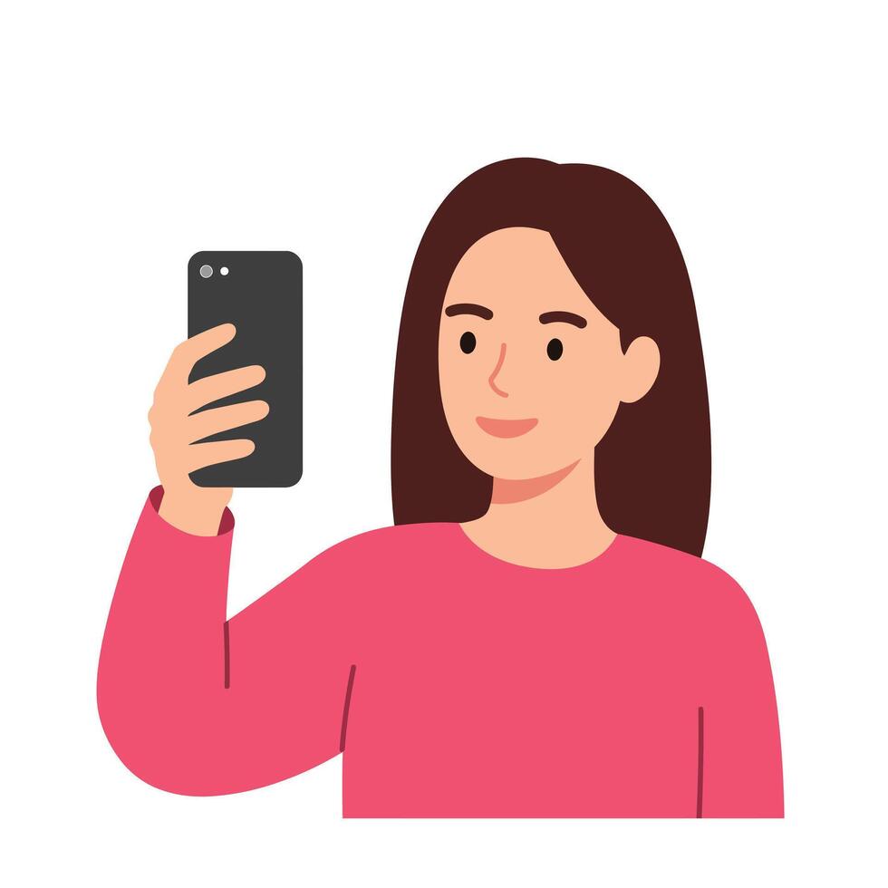 Woman taking selfie with smartphone in flat design art vector
