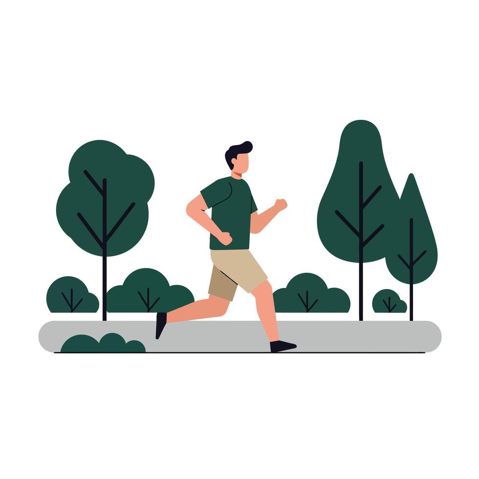 Running man in a park with trees in flat art style illustration vector