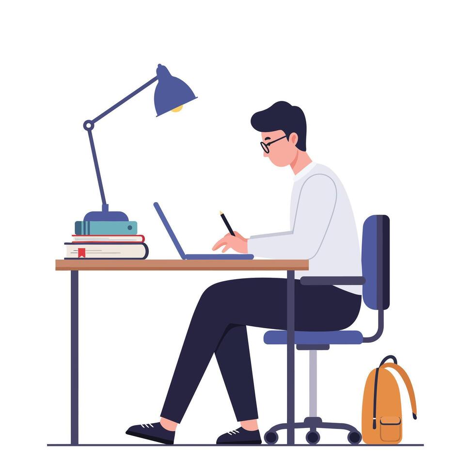 Young man working at desk with laptop in flat art vector