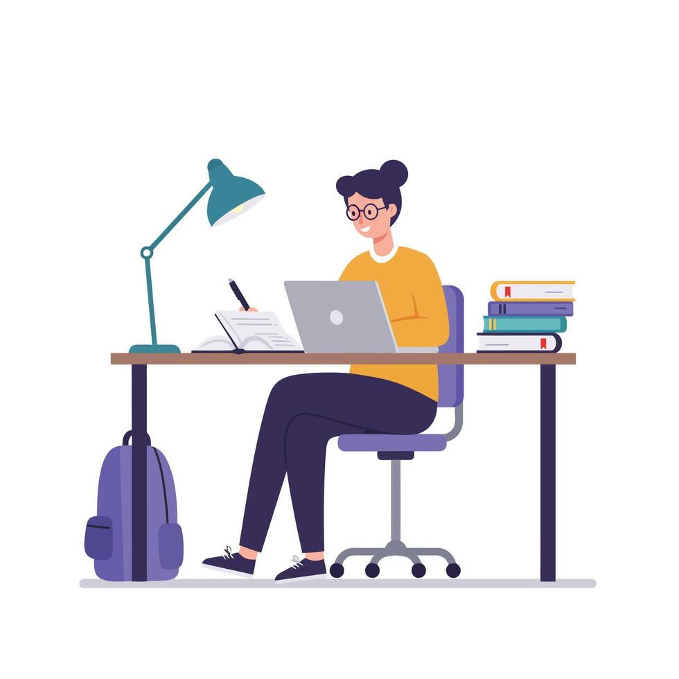 Person studying at desk with lamp and books in flat art vector