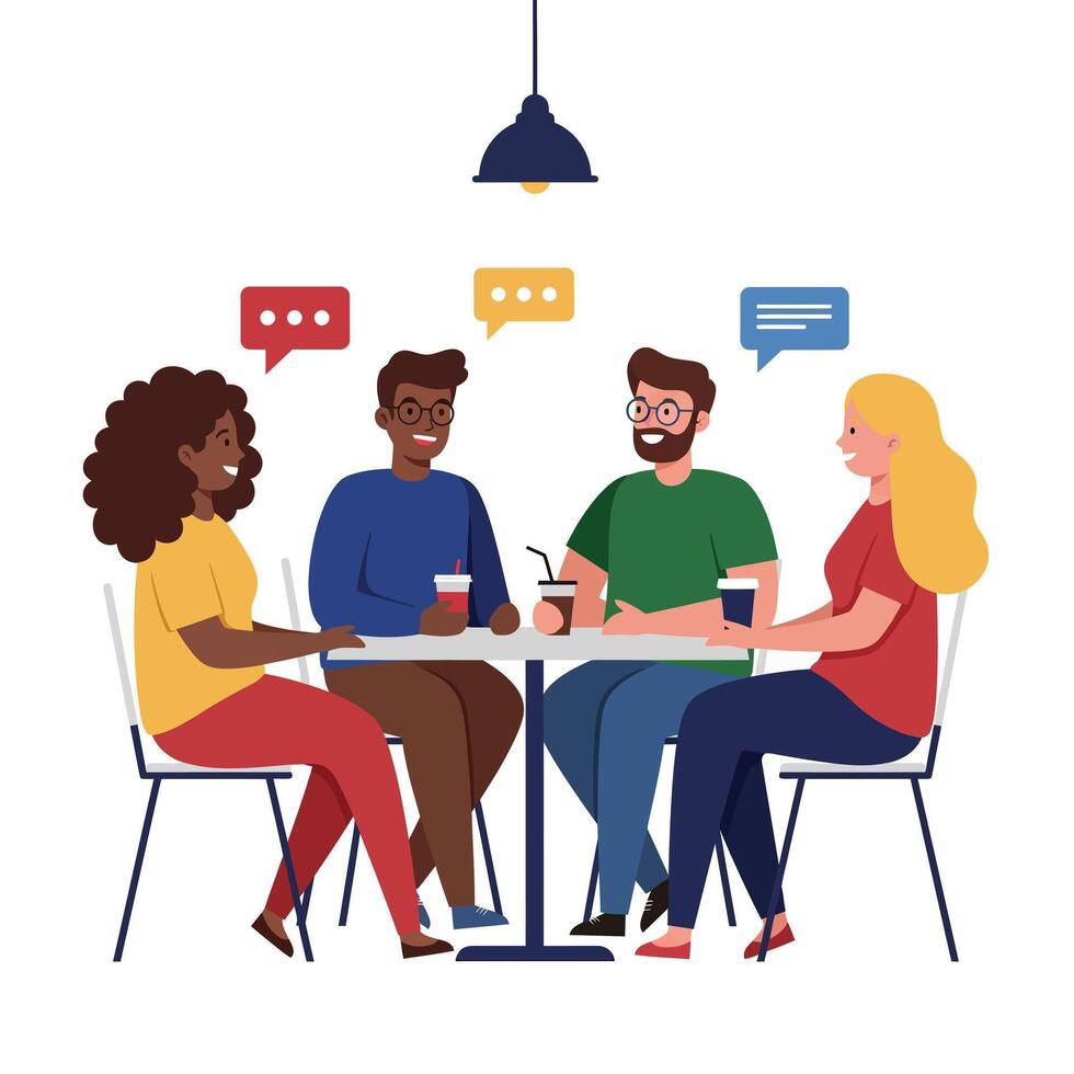 Group of four friends engaging in conversation at a table in flat art vector