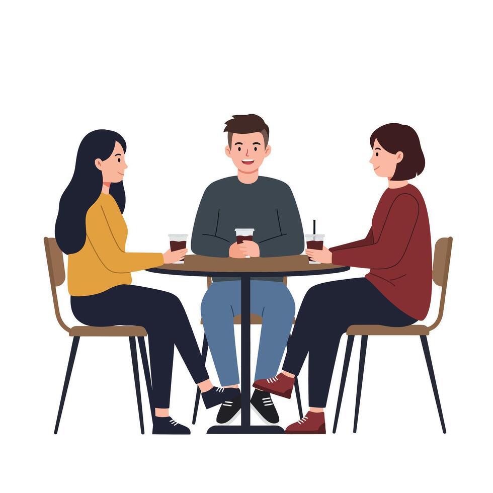 Three friends enjoying conversation in a cozy setting, flat illustration vector