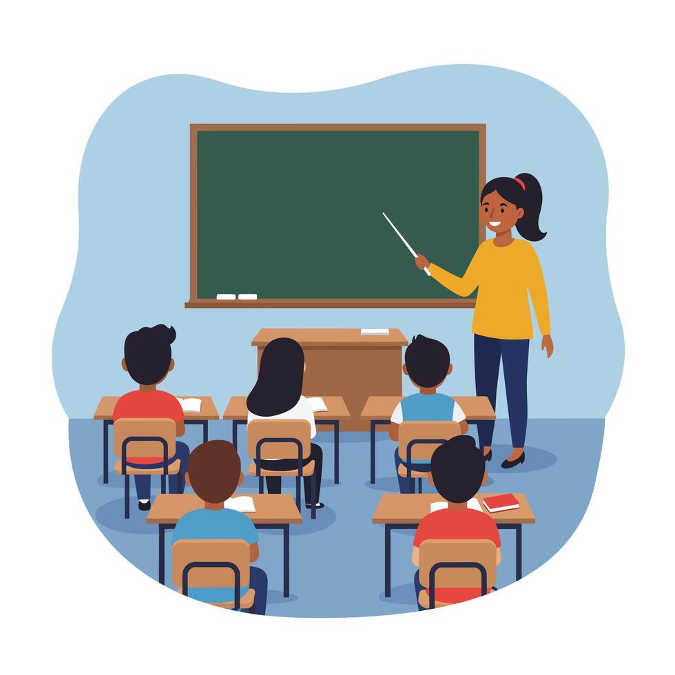 Classroom scene with teacher and students in flat illustration vector