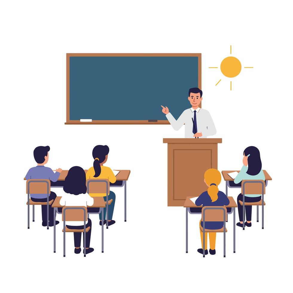 Teacher presenting a lesson in a classroom with flat illustration style art vector