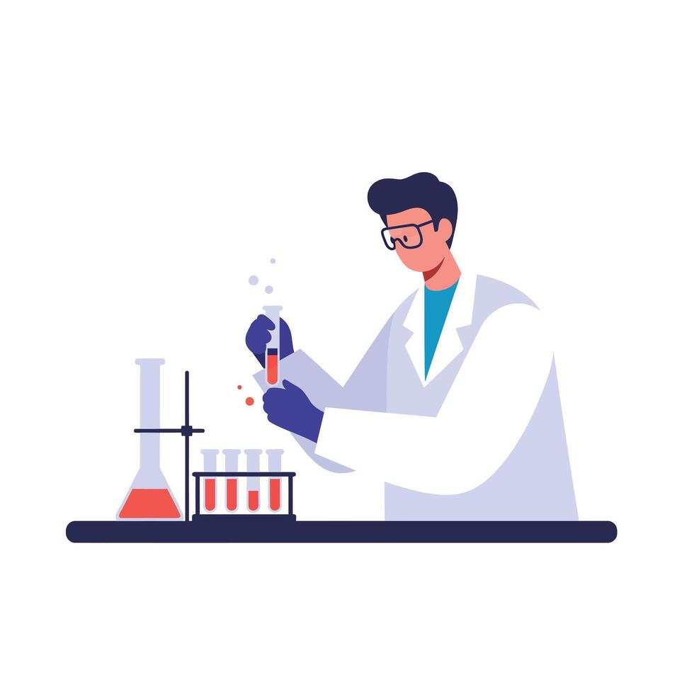 Scientist conducting experiments with colorful liquids in flat design art vector