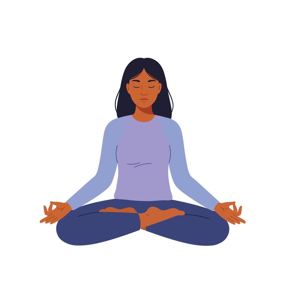 Woman meditating in a lotus position with flat design style art vector