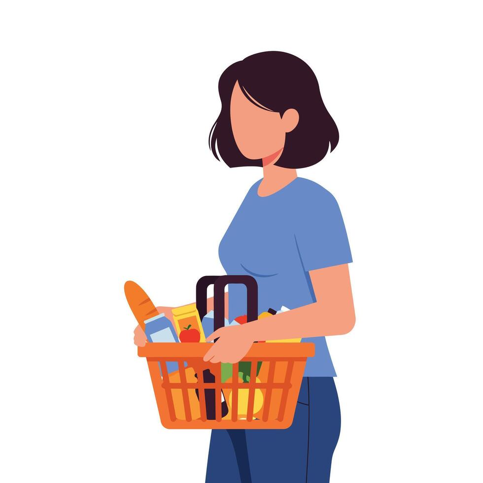 Woman carrying a shopping basket filled with groceries in flat art vector