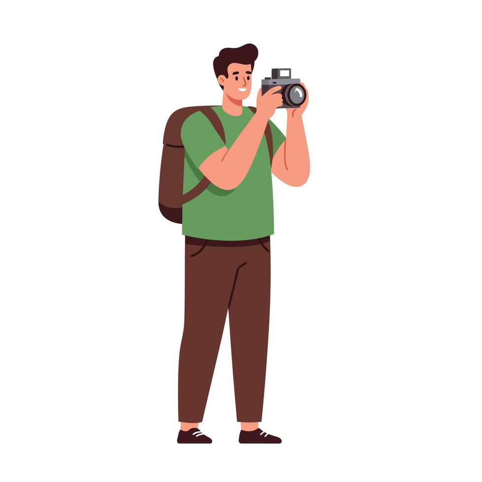 Person holding a camera with backpack in flat art style vector