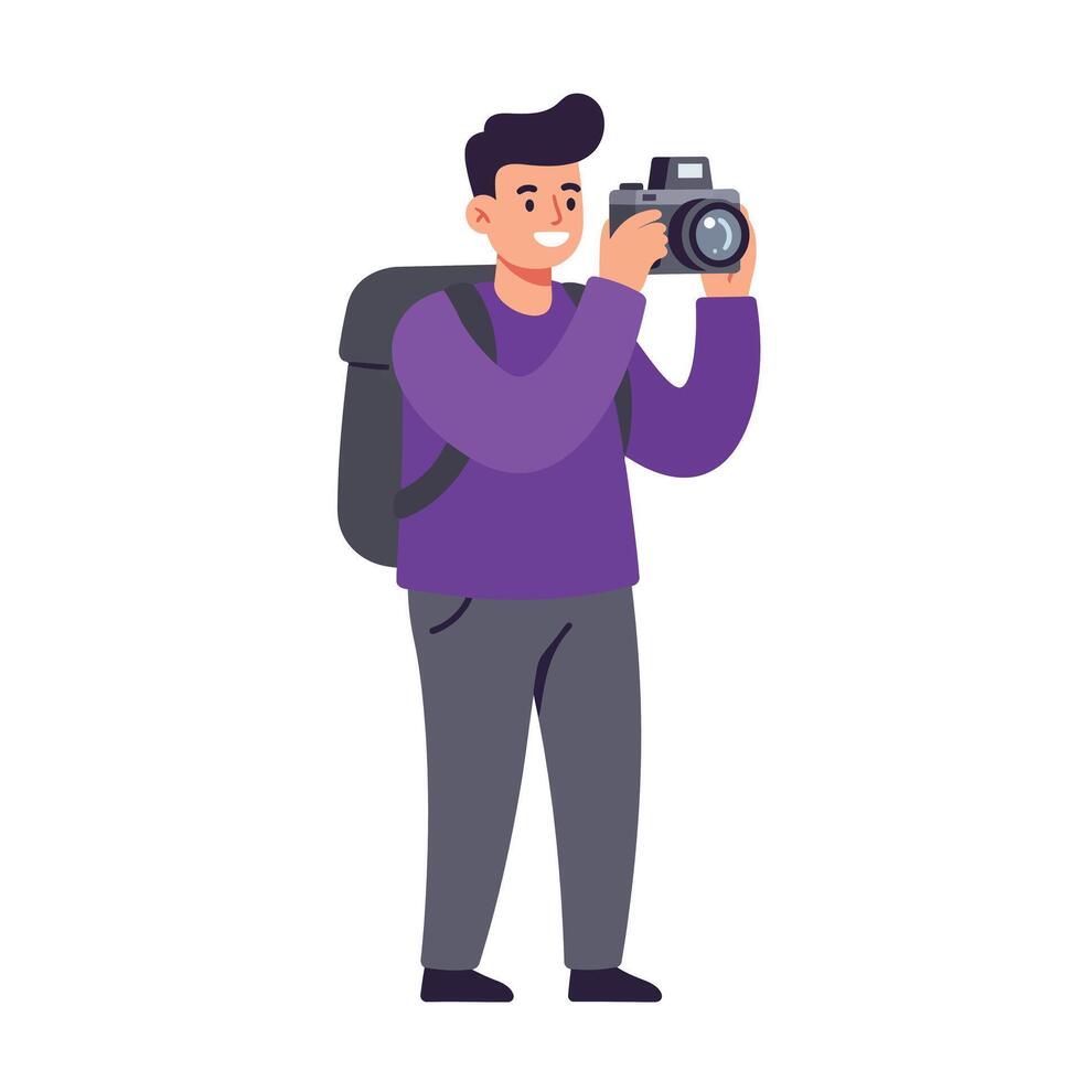 Photographer with camera and backpack in flat art style vector
