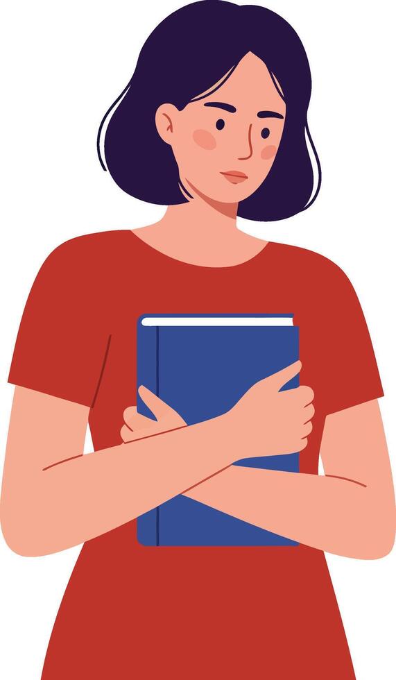 Woman holding a book with a thoughtful expression in flat illustration vector