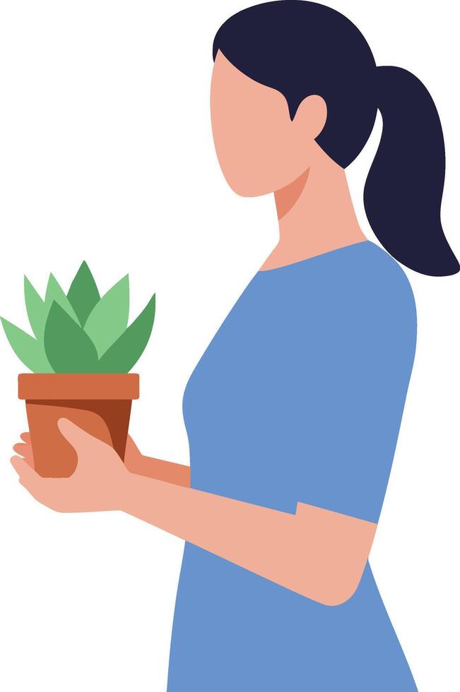 Woman holding a potted plant in a flat minimal illustration vector