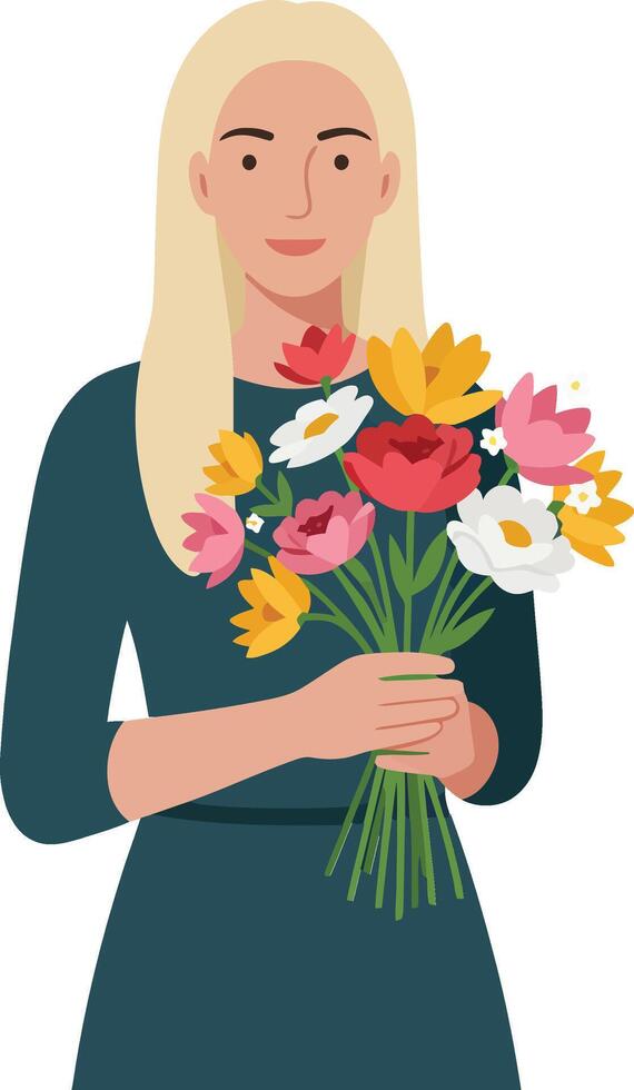 Woman holding a colorful bouquet of flowers in a minimal flat illustration vector