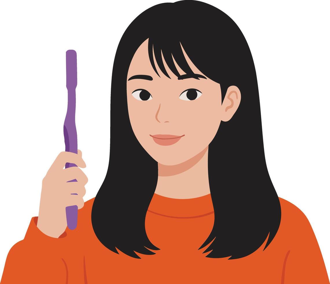 Young woman smiling while holding a toothbrush in flat illustration vector