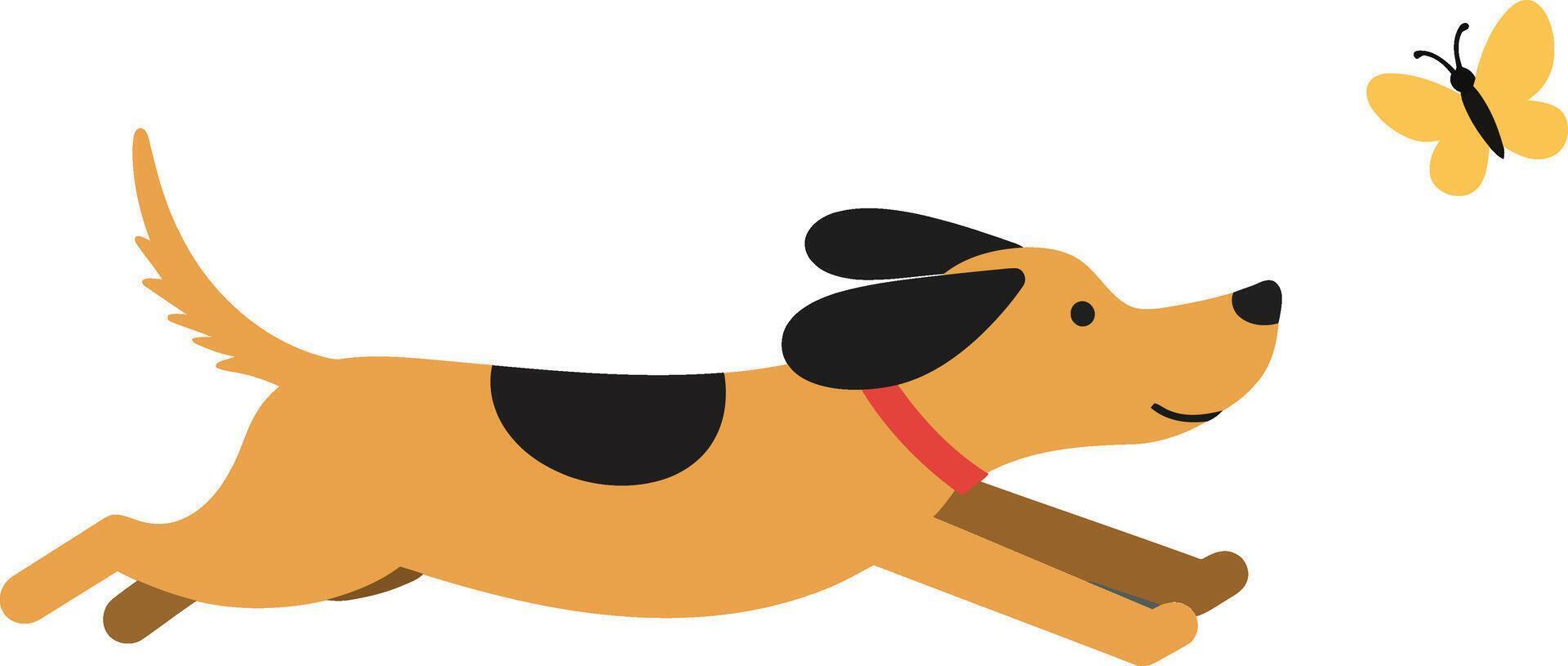 Playful dog chasing butterfly in flat, colorful style illustration vector