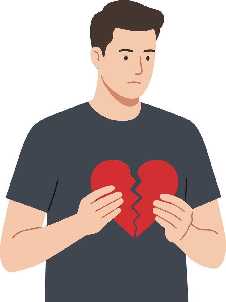 Man holding broken heart symbol in flat, minimal design art vector