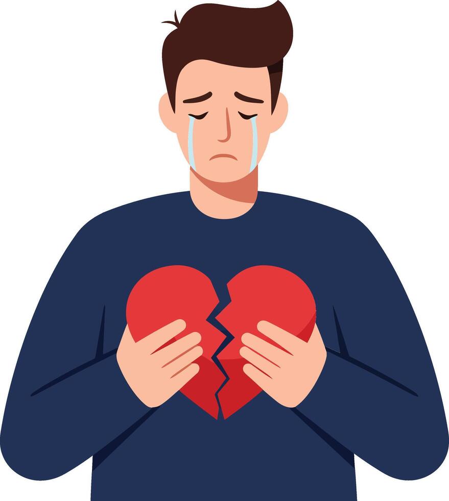Man holding a broken heart in a minimal and emotional illustration vector