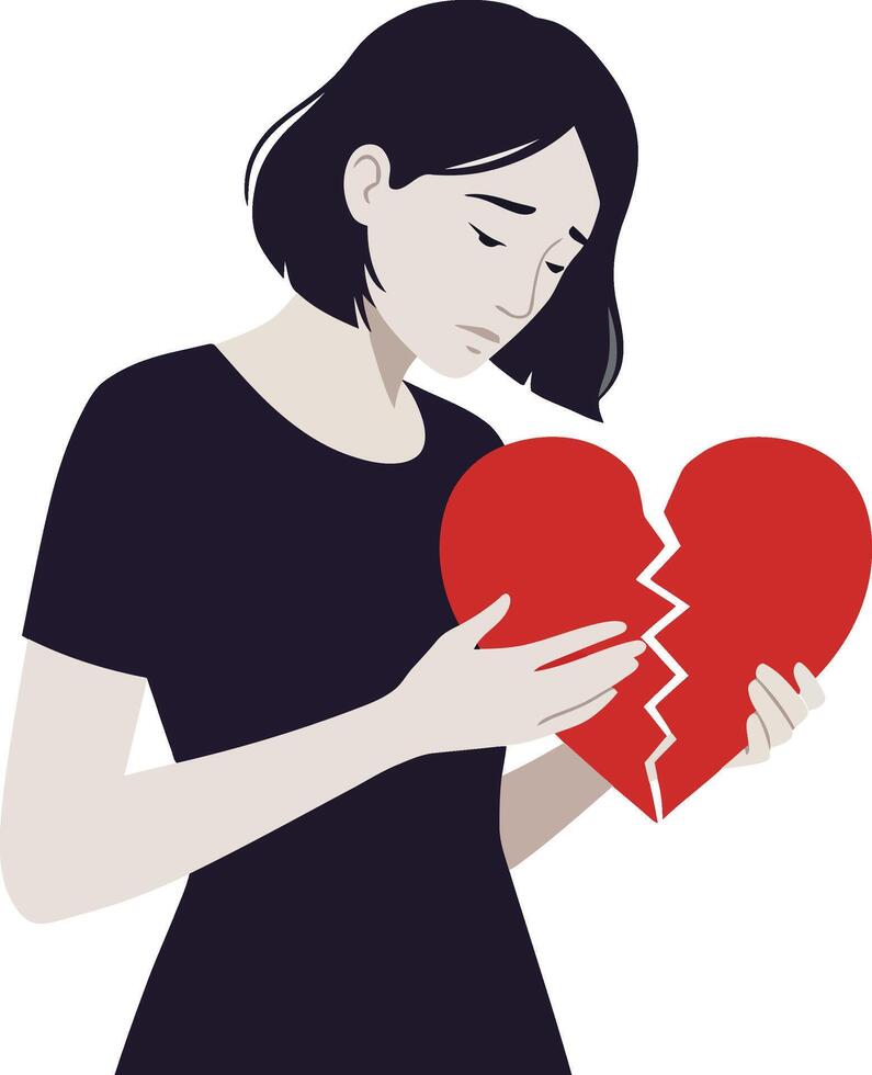 Woman holding broken heart in emotional scene with flat design art vector