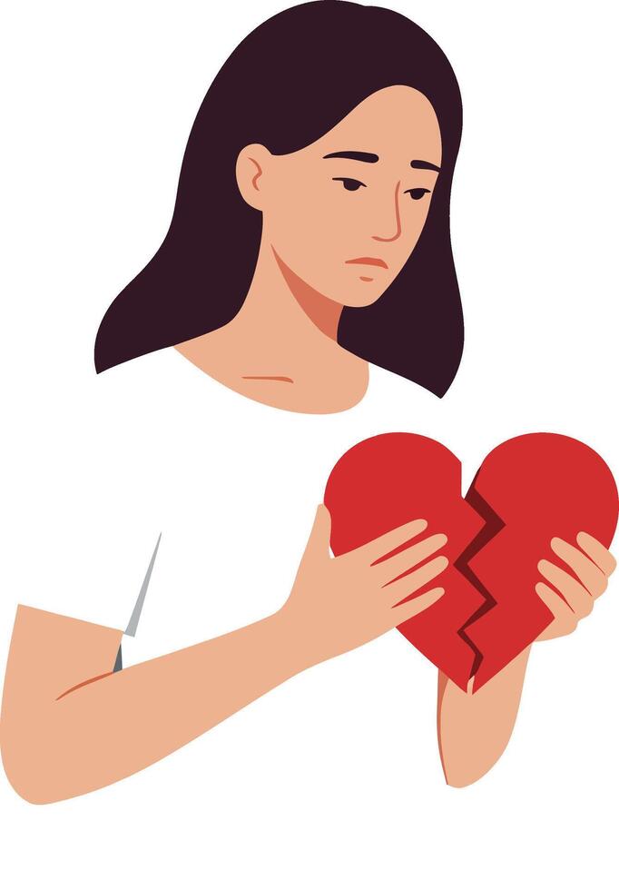 Woman holding a broken heart in a minimal flat illustration vector