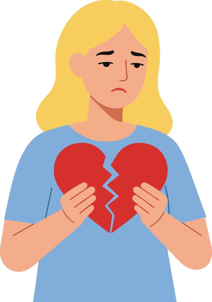 Sad woman holding broken heart in minimal flat design art vector