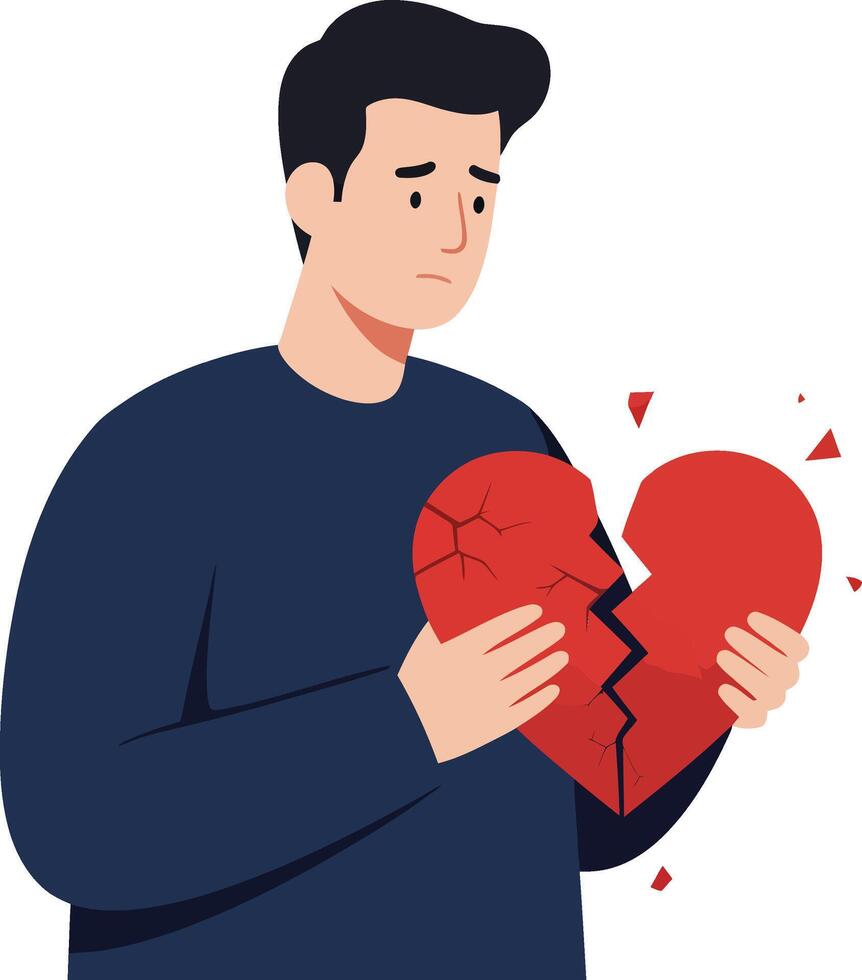 Sad man holding a broken heart in flat illustration style vector