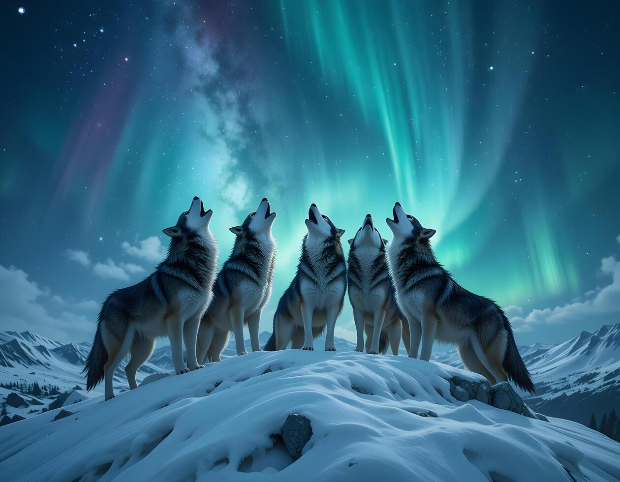 Four wolf howling at the aurora borealis photo