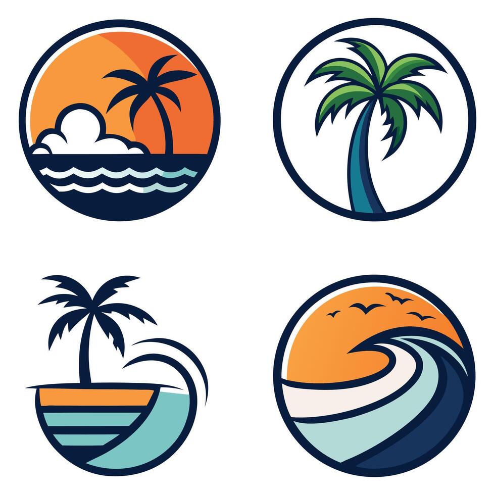 four different logos for a beach, palm tree and waves vector