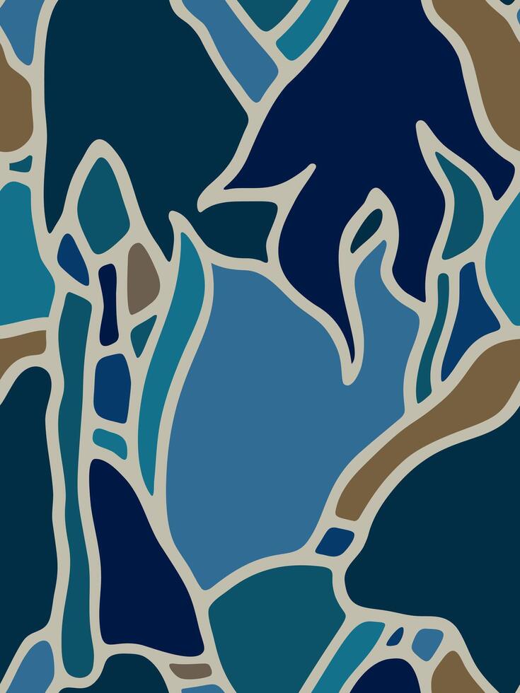 Seamless pattern with white outlined abstract spots in blue, beige and ochre shades vector
