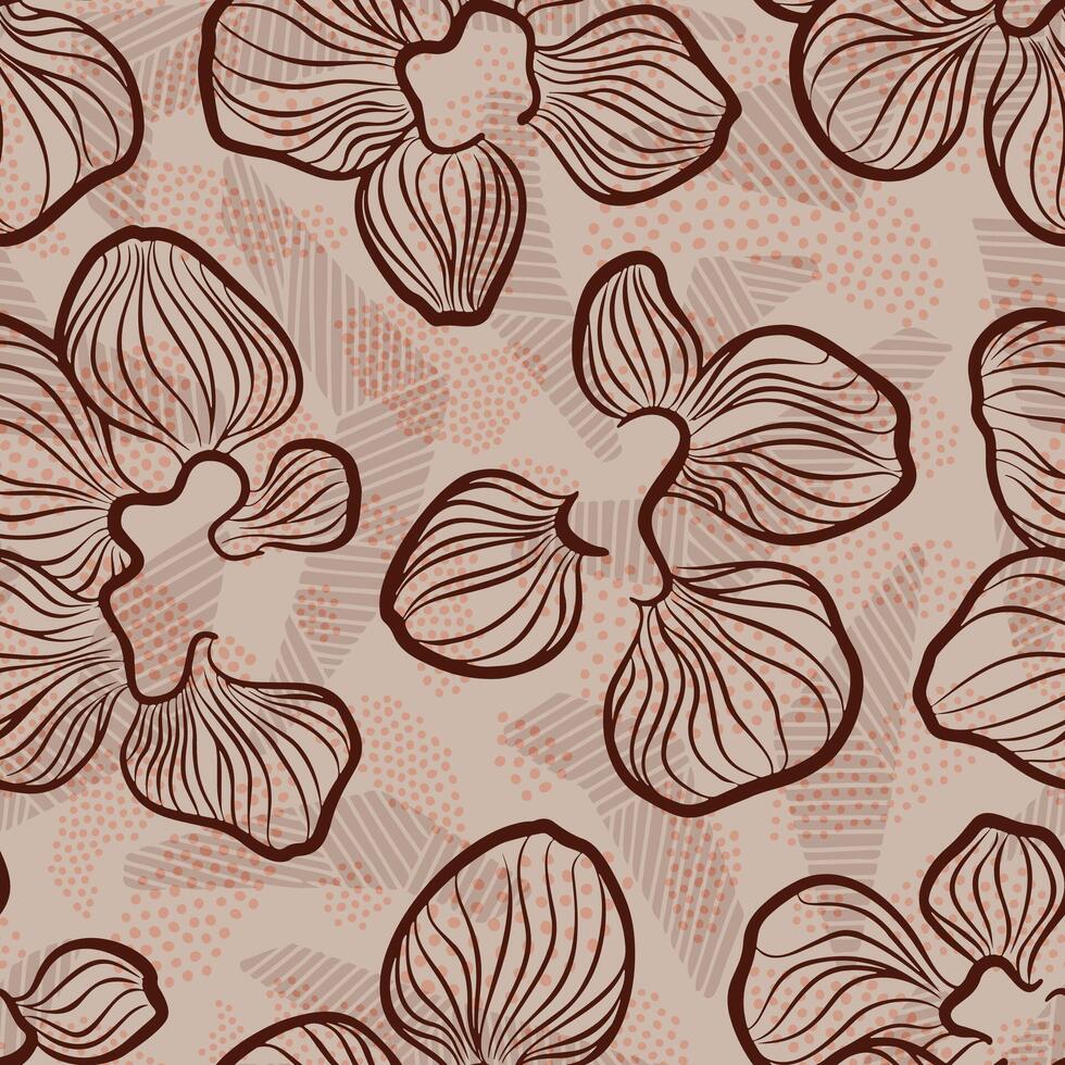 Seamless pattern with brown hand drawn line flowers and striped beige boomerang shapes on light background vector