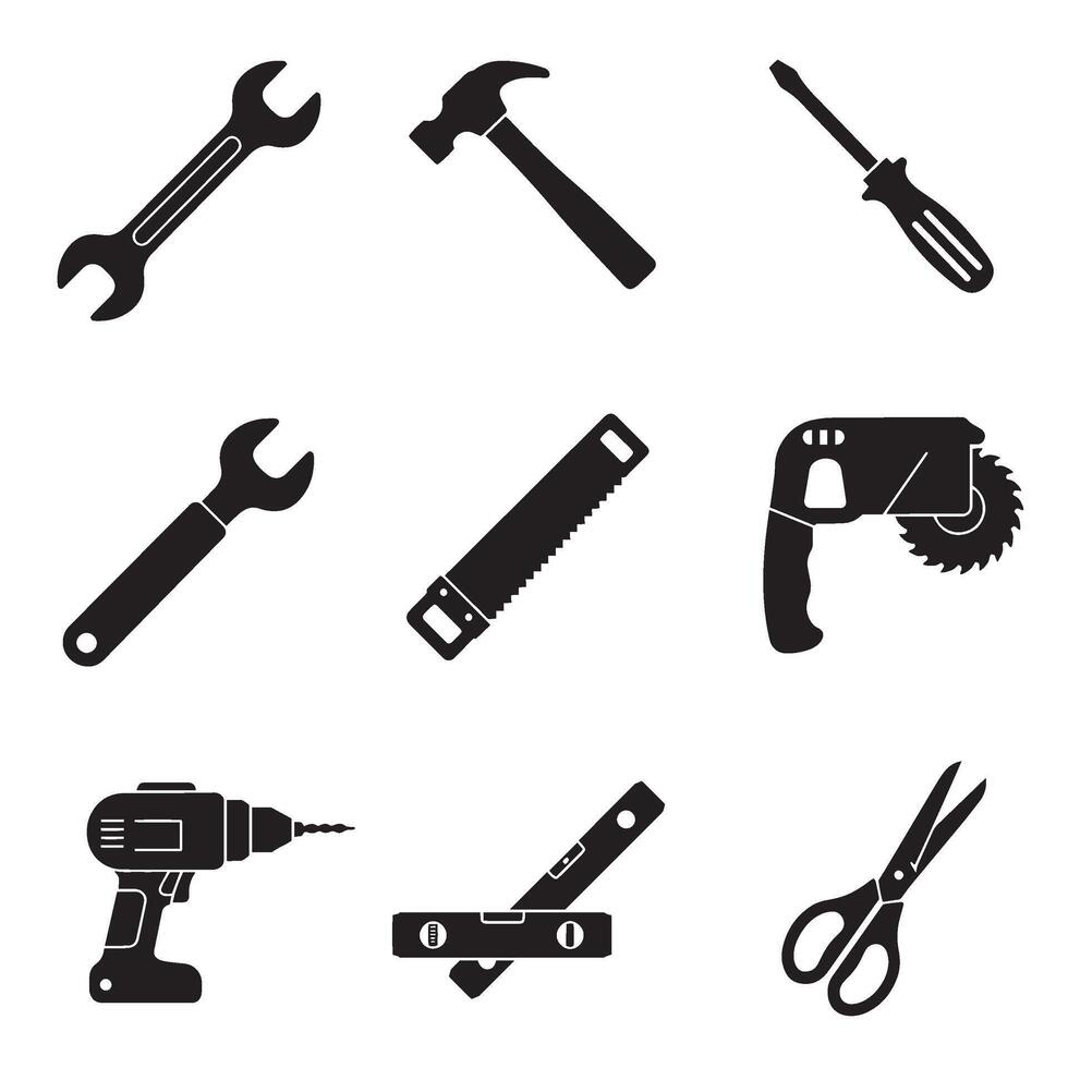 Solid silhouette icons of construction tools like drill screwdriver hammer wrench saw trowel chisel pliers and axe for builder designs and repair illustrations vector