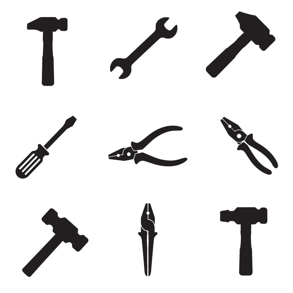 Black silhouette illustration of toolset including saw chisel drill hammer trowel wrench screwdriver axe and pliers for repair symbol or builder toolkit icon designs vector