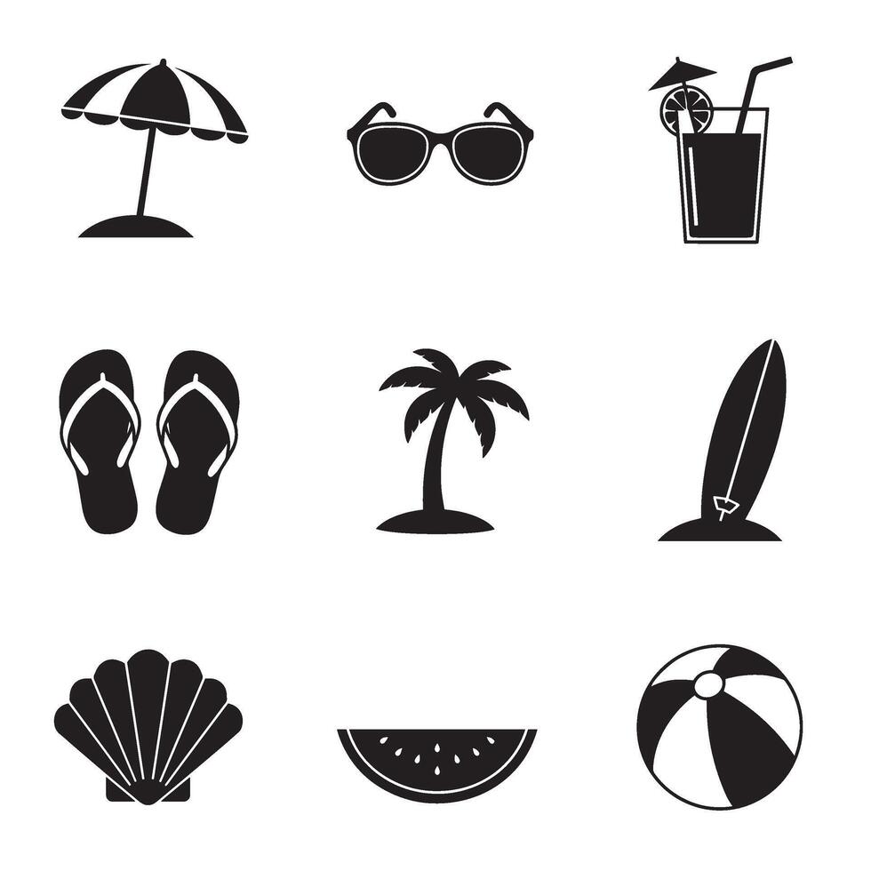 Holiday icon set in silhouette style showing summer elements such as sun surfboard beach umbrella cocktail palm tree and wave symbols vector