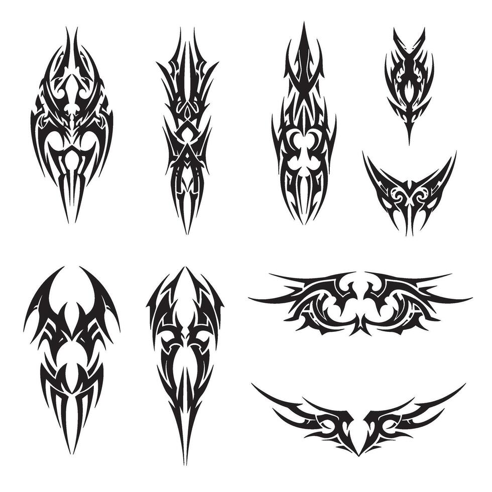 Abstract tribal tattoo collection showcasing animal heads with sharp geometry vintage wing styles and Maori pattern silhouette detail for visual impact in design vector