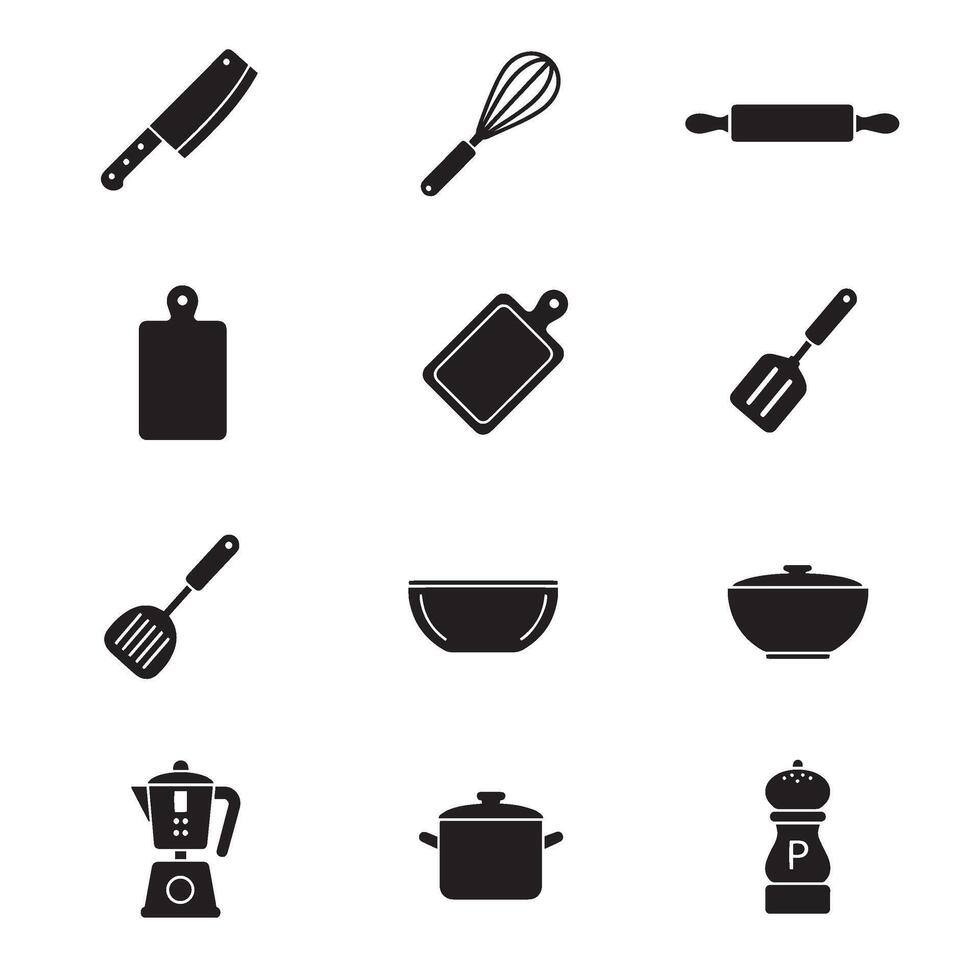 Modern food icon pack with flat and outline kitchen symbols like rolling pin ladle spoon whisk knife fork spatula tray and tongs for restaurant branding and graphic resources vector