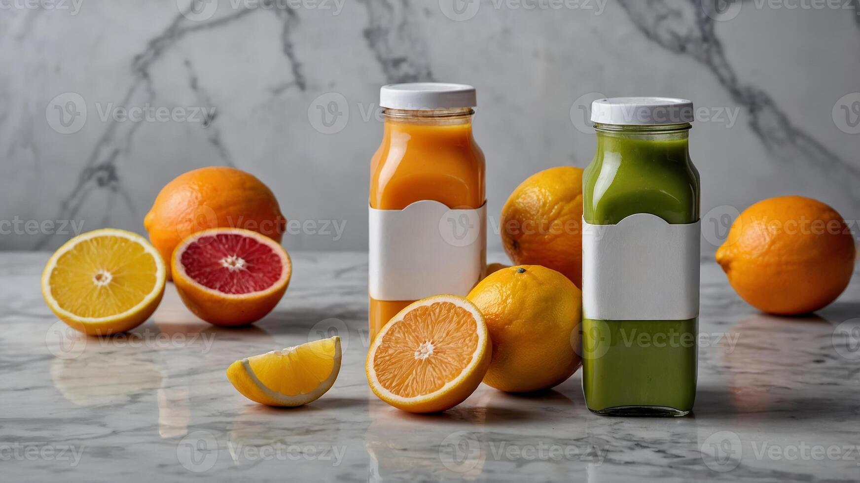 Fresh citrus juices displayed on marble surface with vibrant fruits in a pleasant kitchen setting photo
