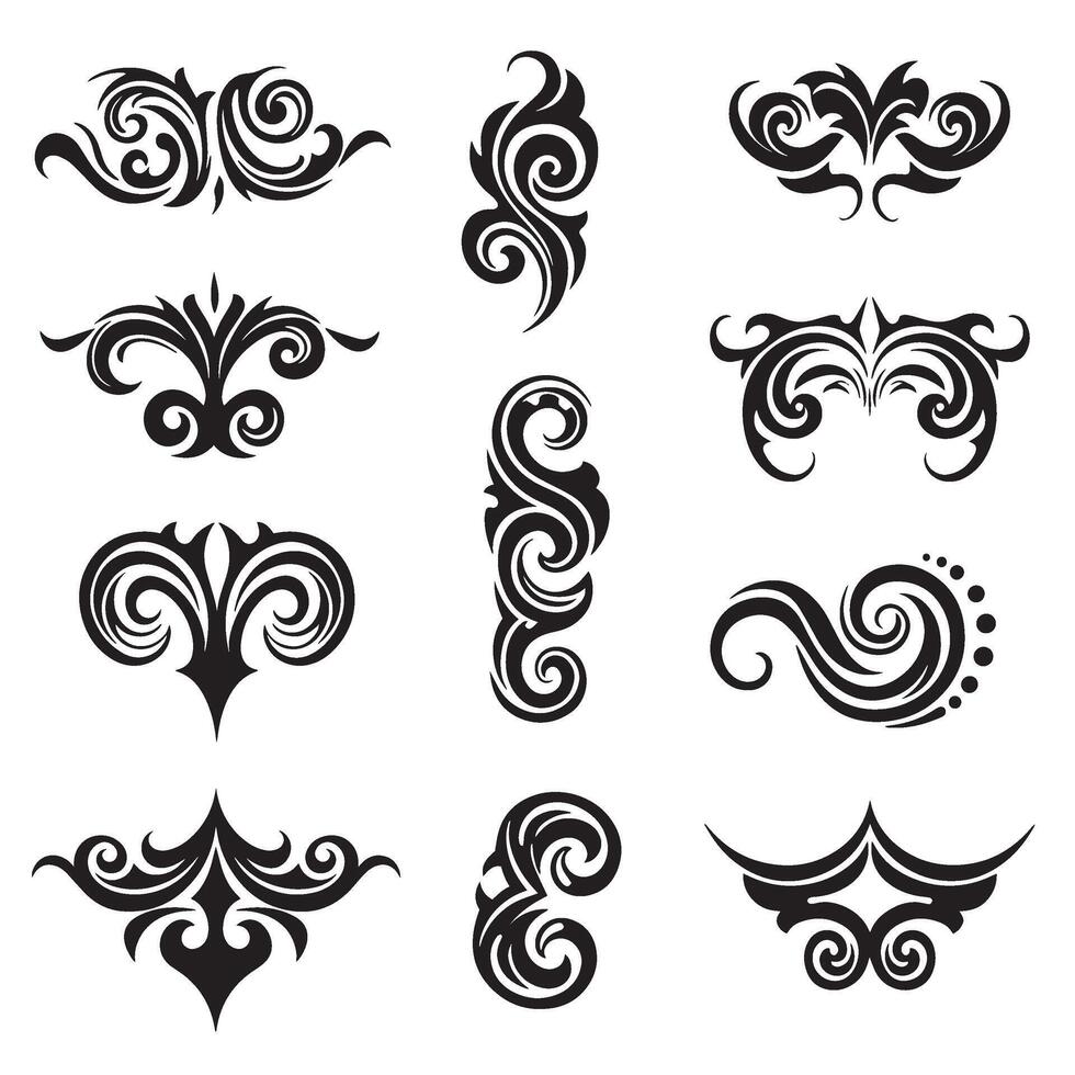 Artistic swirl line work in swill tattoo design ornament set silhouette with tribal symmetry and fluid forms for creative tattoo design vector