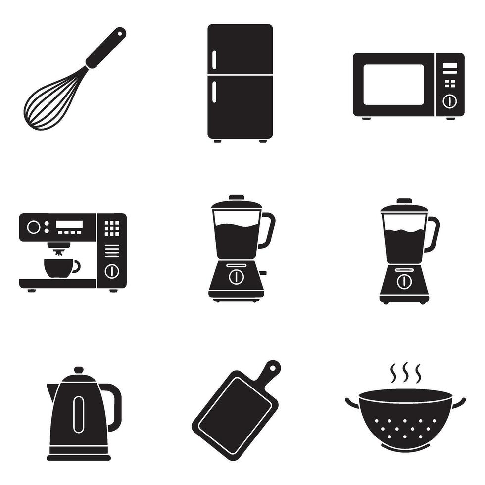 Culinary tool icon bundle featuring rolling pin ladle spoon knife fork whisk tongs and cloche in flat and outline styles for kitchen branding and design vector