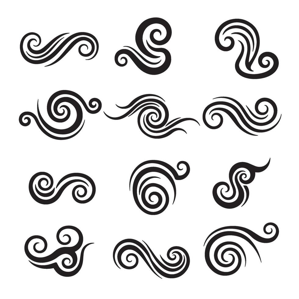 Swill tattoo design ornament set silhouette featuring abstract swirling elements tribal curls and modern tattoo shapes for creative body art and design assets vector