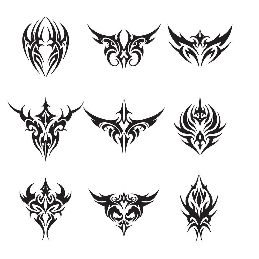 Tribal head tattoo vectors set with symmetrical beast icons Maori inspired geometry vintage wings and silhouette ornament for alternative design use