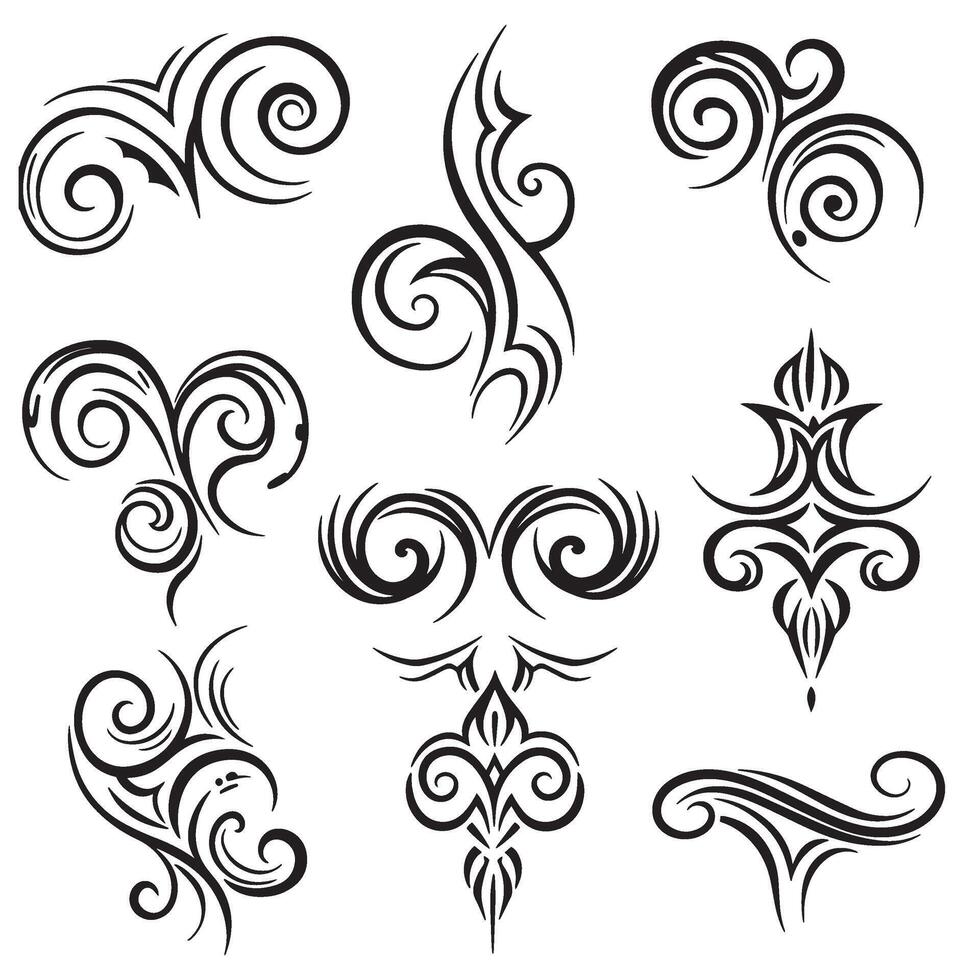 Set of ink style swill tattoo design ornament set silhouette featuring stylized curls abstract spirals and tribal motifs vector