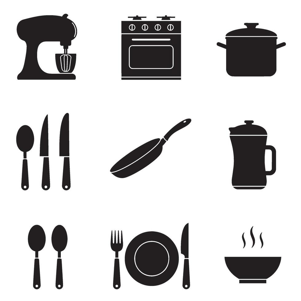 Silhouette and flat kitchen icons of common tools like spoon fork knife spatula ladle whisk tongs and tray for culinary branding and restaurant graphics vector