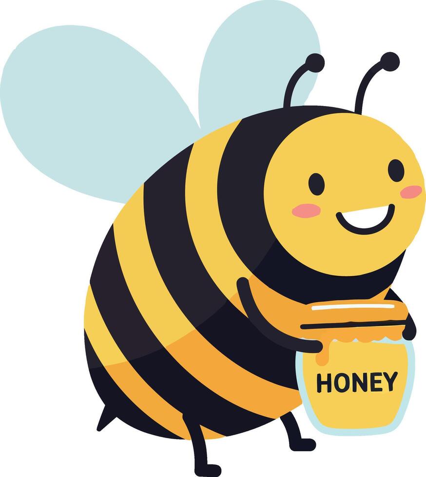 Happy cartoon bee holding a jar of honey in a playful flat illustration vector